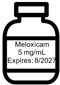 Drug bottle labeled Meloxicam, 5 mg/mL, Expires: 8/2027