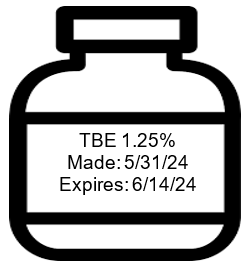 Drug bottle labeled with TBE 1.25%, Made 5/31/24, Expires 6/14/24